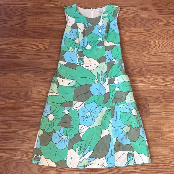Boden Green and Blue Floral Retro Pocket Sleeveless Shift Dress Size 6 Long - Picture 8 of 11
